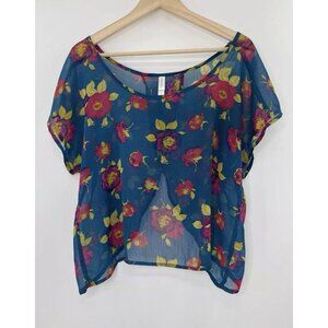 Xhilaration Women’s Blue Sheer Open‎ Back Cropped Chiffon Blouse Sz L Boho